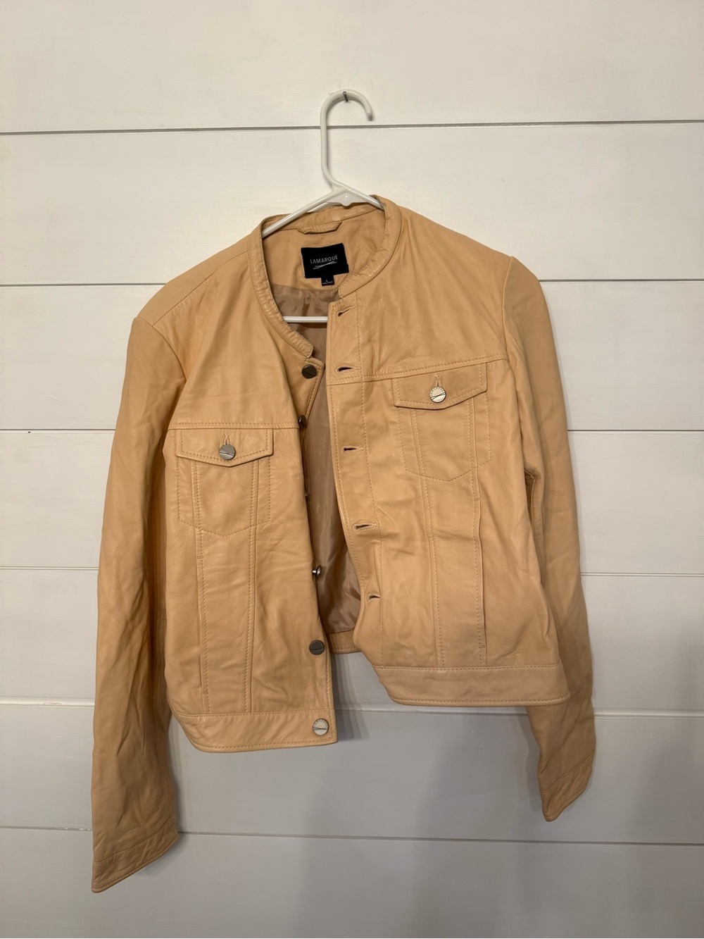 Lamarque Nude Lambskin Collarless Leather Jacket